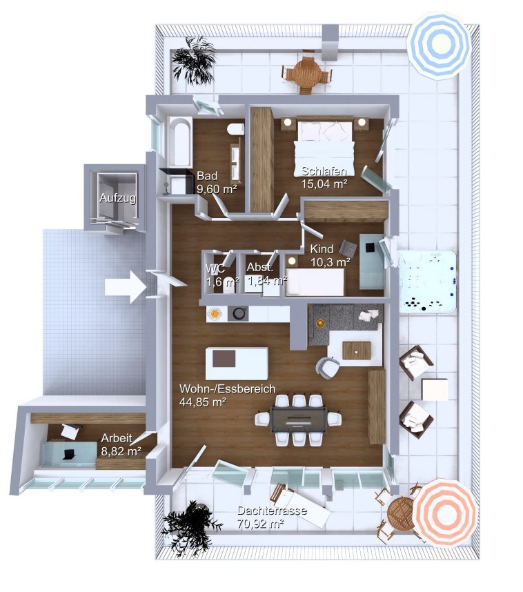 Grundriss visualisiert Penthousewohnung M�nchen